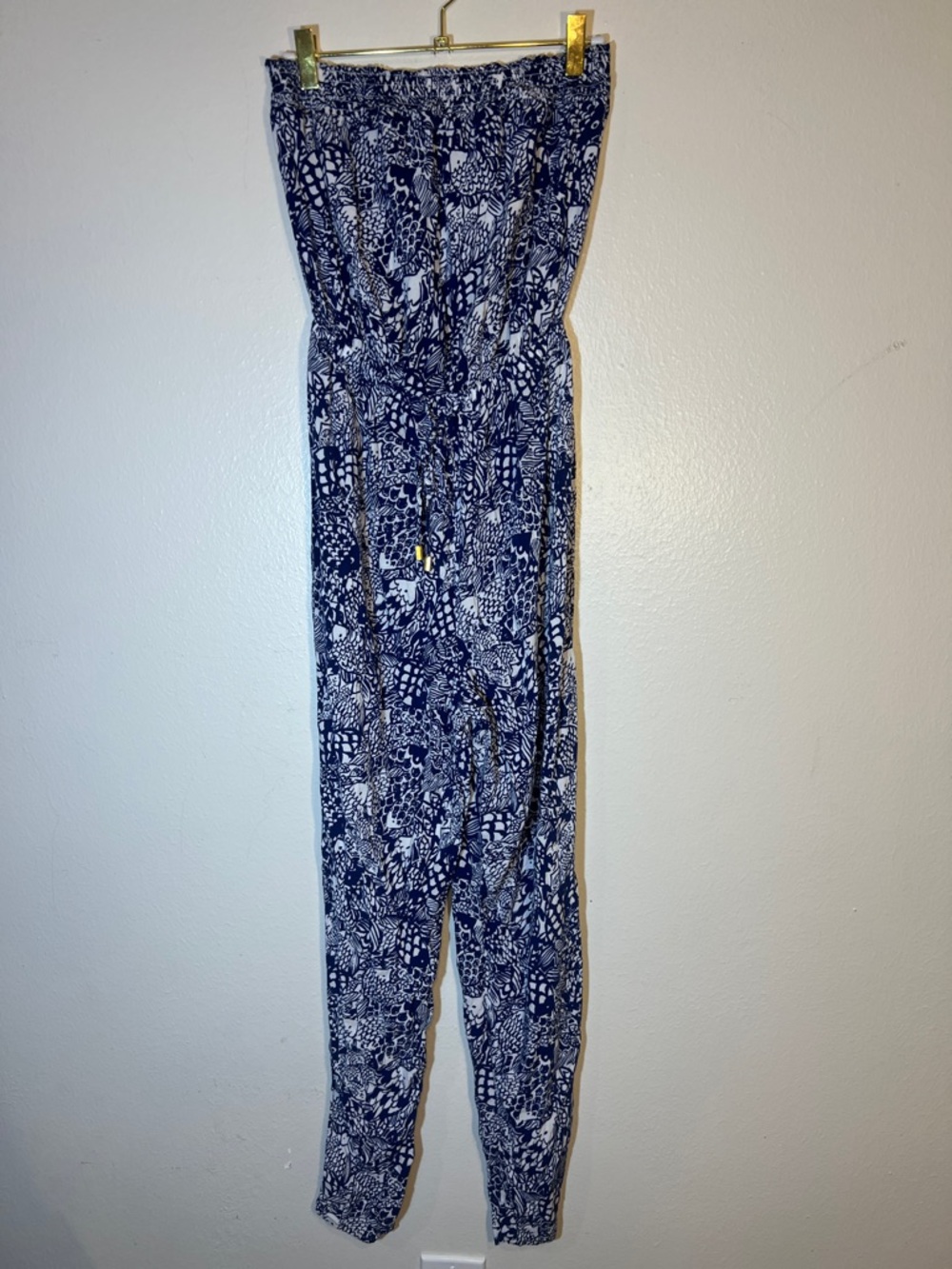 Lilly Pulitzer Blue White Fish Print Strapless Drawstring Jumpsuit Small Beach